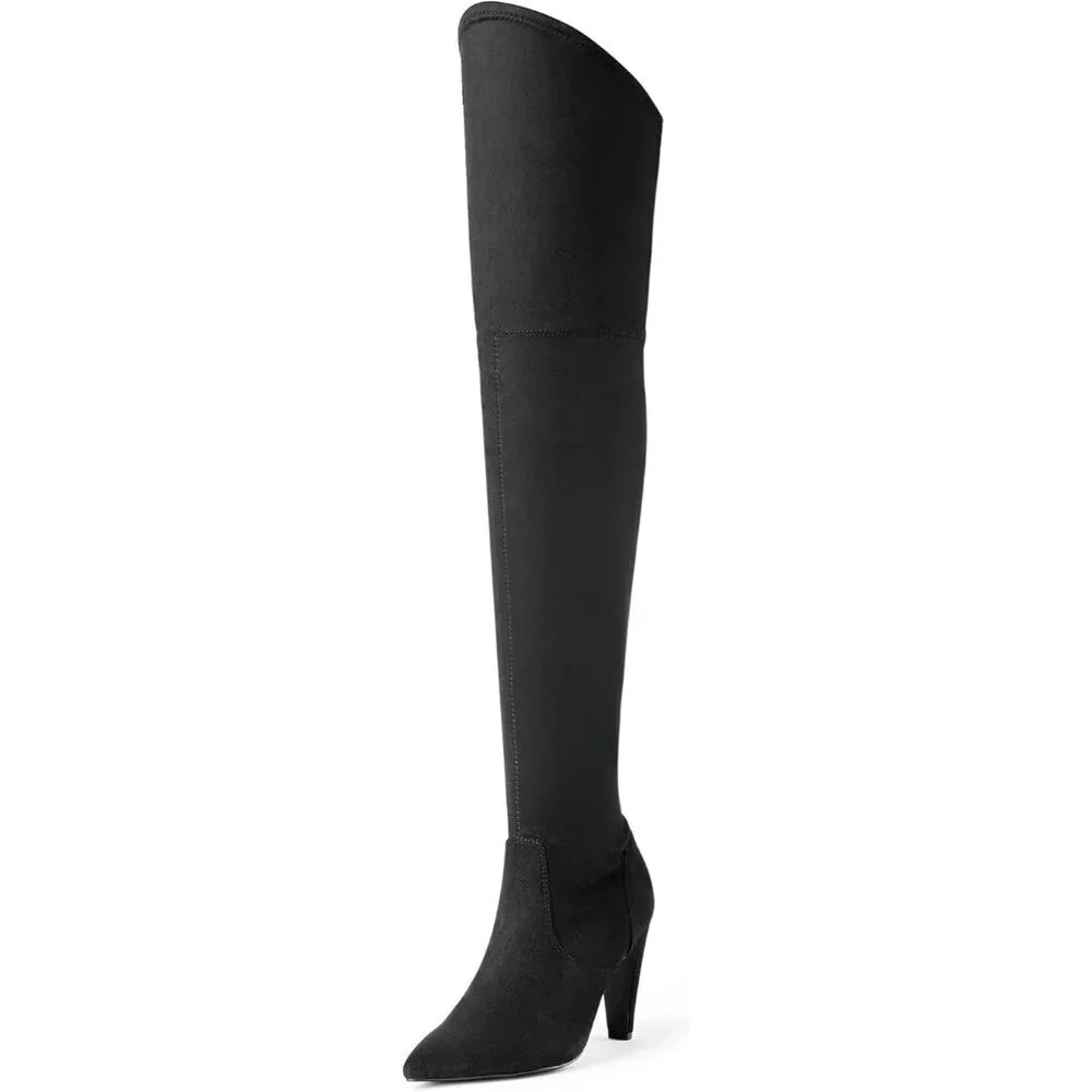 Women's Black/Suede Faux Leather Thigh High Over The Knee Long Pointed Toe Boots